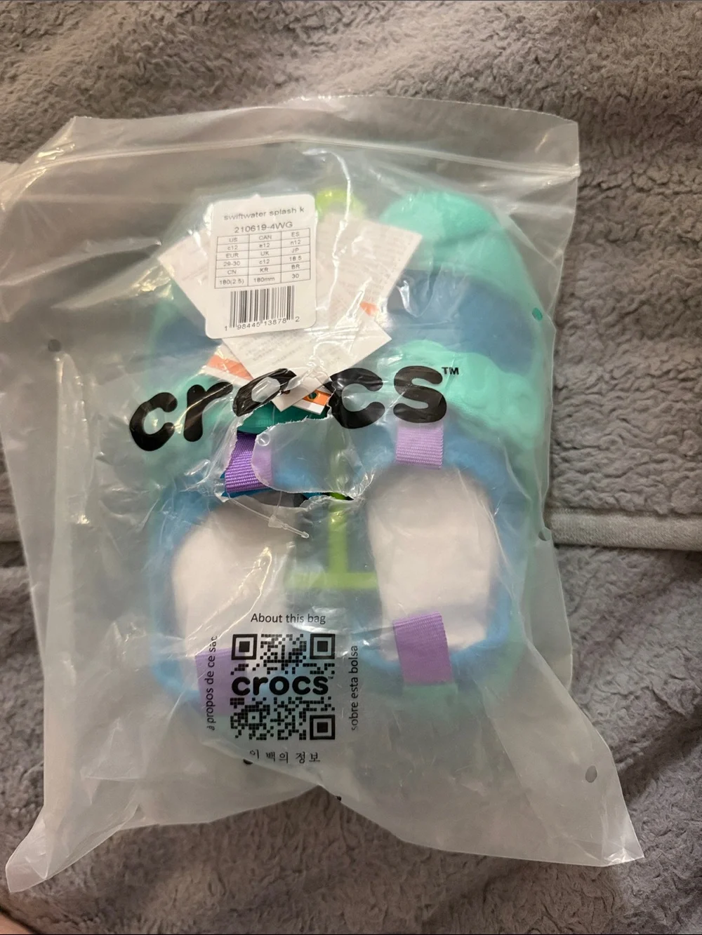 CROCS Kids Blue & Mint Foam Clogs with Purple Straps